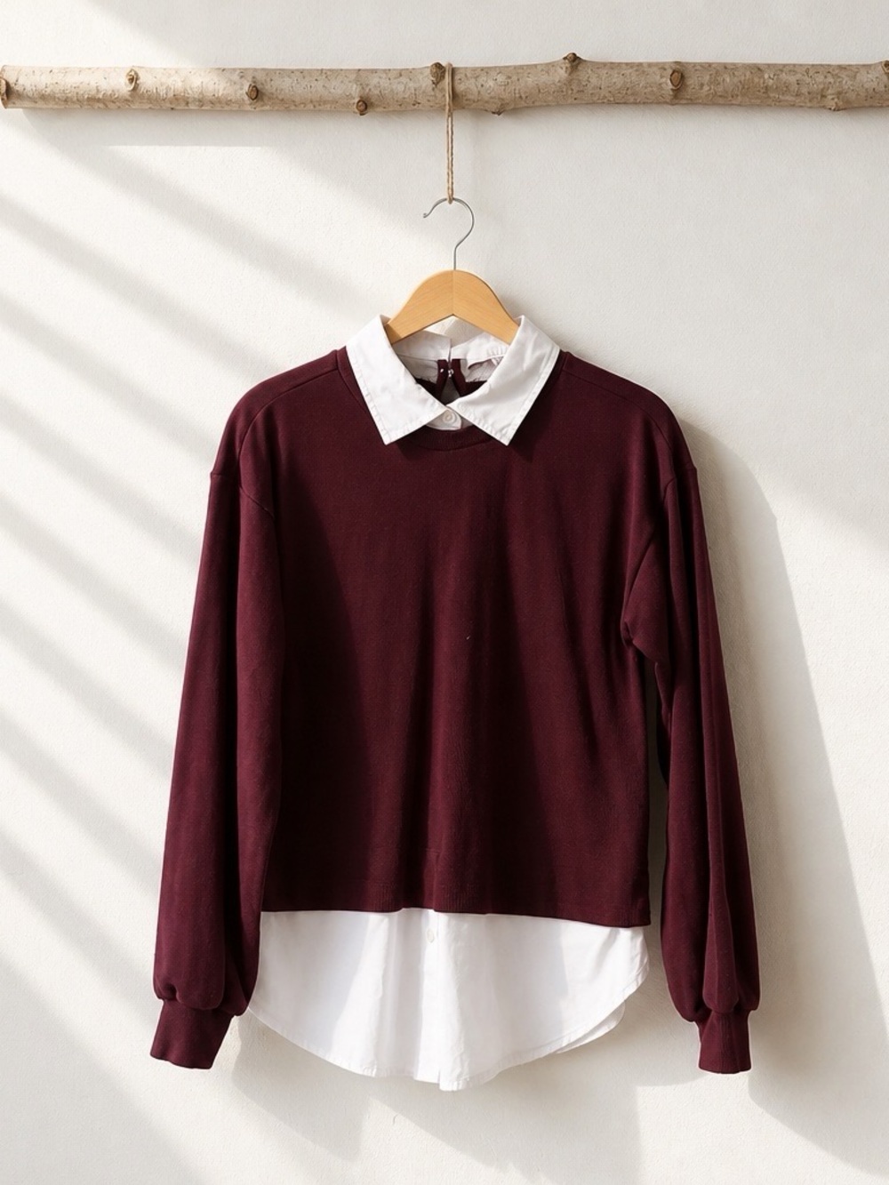 LOFT Burgundy Layered-Look Collared Sweatshirt Size M